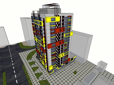 Modern Multistory Building With Colorful Yellow Red Black White Facade And Urban Road Greenery 3d model