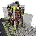 Modern Multistory Building With Colorful Yellow Red Black White Facade And Urban Road Greenery