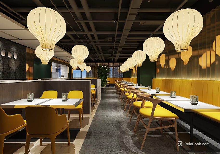 Stylish Restaurant Interior With Yellow Chairs White Tables Lantern Pendant Lights And Green Yellow Walls 3d model 