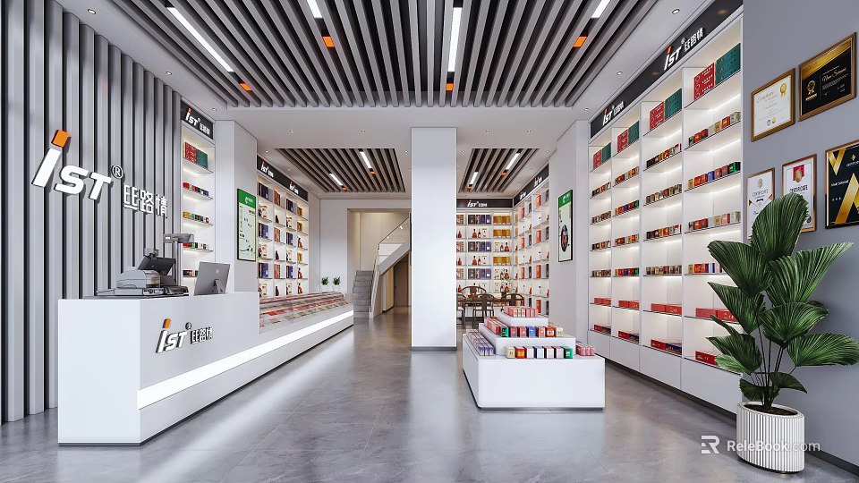 Modern Tobacco and Alcohol Store Interior With Neat Shelves And Diverse Products 3d model 