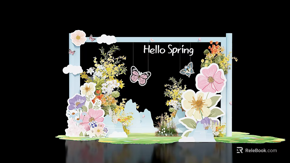 Spring Themed Art Installation with Hello Spring Sign Colorful Flowers Butterflies and Cloud Decorations 3d model 