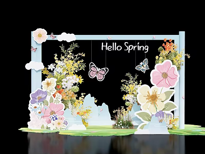Spring Themed Art Installation with Hello Spring Sign Colorful Flowers Butterflies and Cloud Decorations 3d model