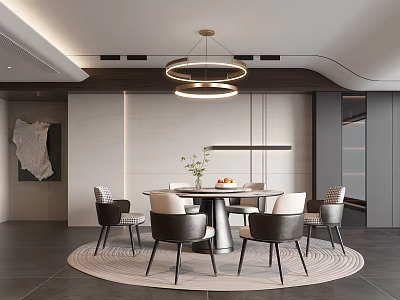 Modern Restaurant Interior With Round Dining Table Hanging Pendant Lights And Decorative Painting On Light-colored Walls 3d model