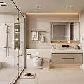 Modern Bathroom Interior With Glass Shower Enclosure Toilet Vanity Mirror And Cabinets