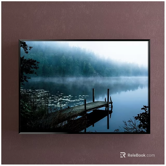 Misty Lake Forest Landscape Painting With Wooden Dock Water Lilies And Reflection 3d model 