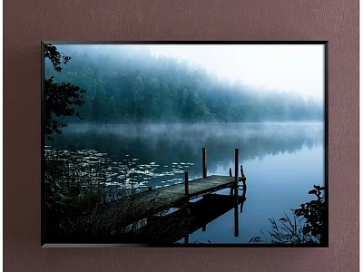 Misty Lake Forest Landscape Painting With Wooden Dock Water Lilies And Reflection 3d model