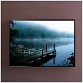Misty Lake Forest Landscape Painting With Wooden Dock Water Lilies And Reflection