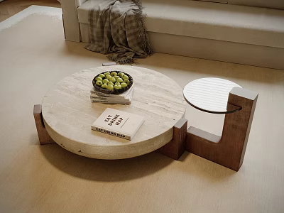 Modern Marble Coffee Table With Wooden Legs Green Fruits Bowl Books And Glass Side Table 3d model