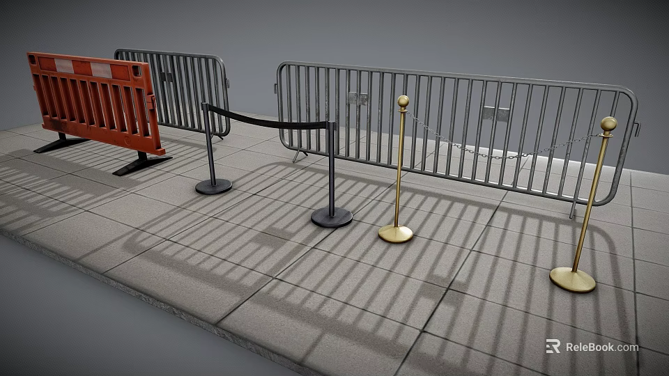 Temporary Barriers With Orange Gray Metal Rails Black Gold Stanchions On Paved Ground 3d model 