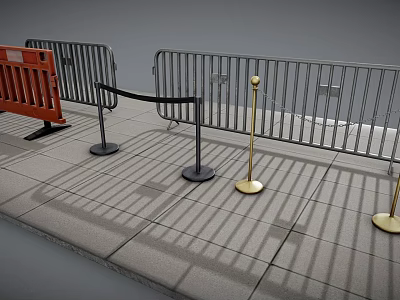 Temporary Barriers With Orange Gray Metal Rails Black Gold Stanchions On Paved Ground 3d model