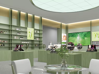 Green Interior Specialty Store With Display Shelves Round Counters White Chairs And Green Plants 3d model