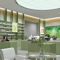 Green Interior Specialty Store With Display Shelves Round Counters White Chairs And Green Plants