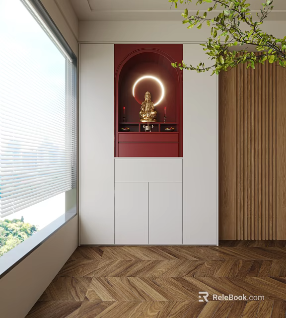 Buddhist Shrine Cabinet Red White Design With Buddha Statue Halo Light Green Leaves By Window 3d model 
