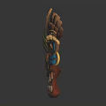 Tiki Mask Inspired Hat With Feather Accents And Colorful Carved Details