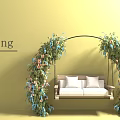 Floral Garland Decorated Swing Chair With Double Seat White Cushions And Beige Wall
