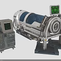 Cylindrical Medical Treatment Chamber with Blue Window and Adjacent Control Unit Featuring Green Display Screen