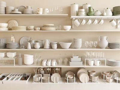 Organized Kitchenware Collection With Bowls Plates Cups Glassware And Storage Shelves 3d model