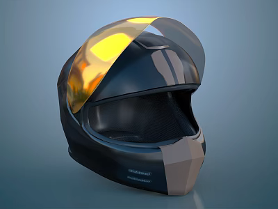 Black Motorcycle Helmet With Yellow Tinted Visor And Ultracomfort Geometric Design 3d model
