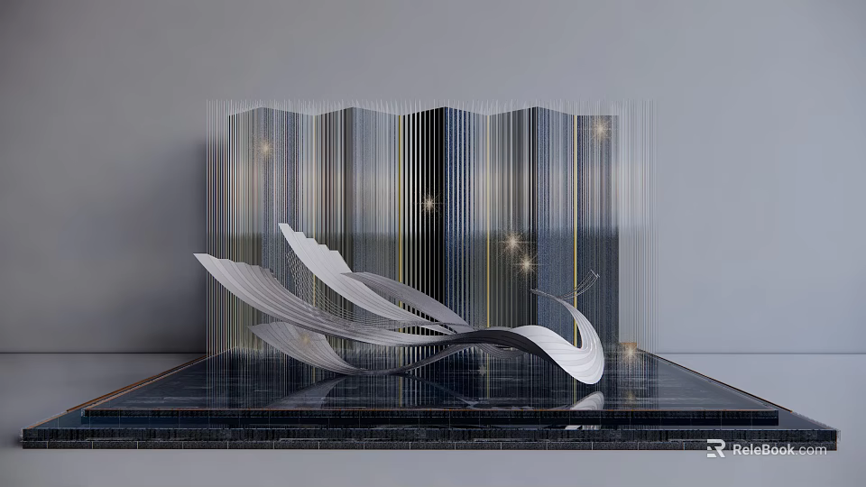 Modern Silver Metallic Sculpture With Feather Like Flowing Design On Dark Base 3d model