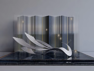 Modern Silver Metallic Sculpture With Feather Like Flowing Design On Dark Base 3d model