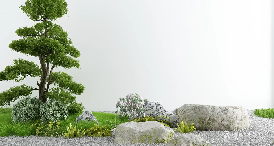 Natural Courtyard Garden with Green Tree Lush Grass Decorative Rocks and Small Plants 3d model 