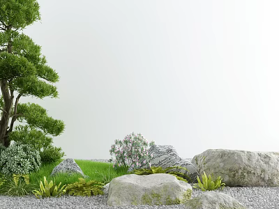 Natural Courtyard Garden with Green Tree Lush Grass Decorative Rocks and Small Plants 3d model