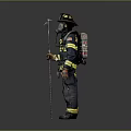 Man in Firefighter Uniform With Helmet Holding Rescue Tool in Standing Pose