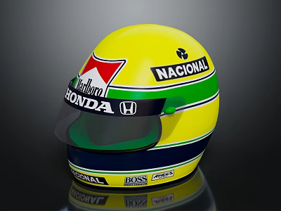 Yellow Racing Helmet With Honda BOSS NACIONAL Logos Green Blue Stripes 3d model