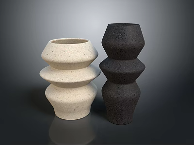 Modern Sculptural Vases in Beige and Black with Layered Stacked Design and Textured Granular Surface 3d model