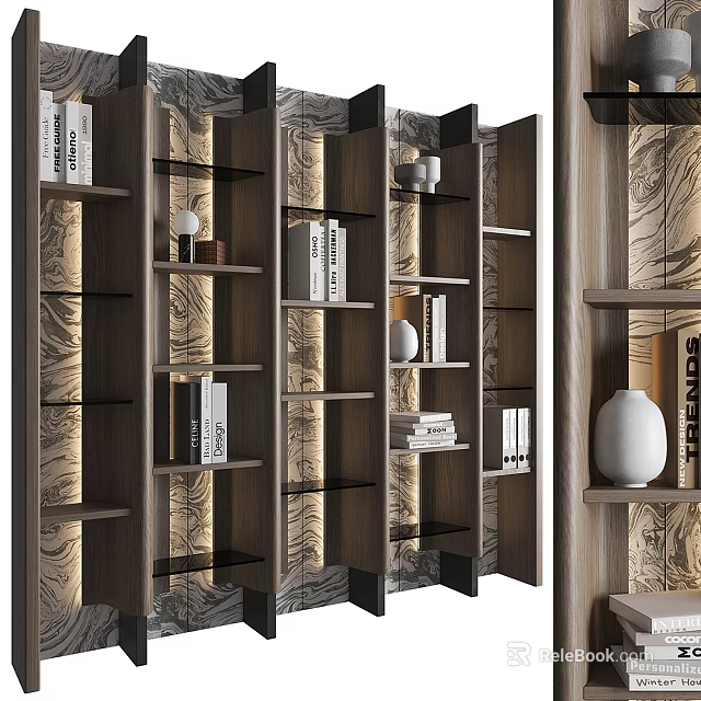 Modern Wooden Bookcase With Layered Shelves Books Decorative Vases And Marble Backdrop 3d model 