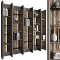 Modern Wooden Bookcase With Layered Shelves Books Decorative Vases And Marble Backdrop