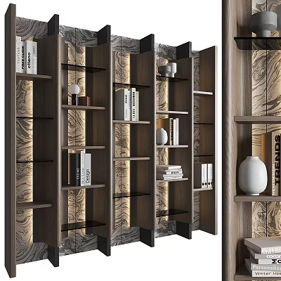 Modern Wooden Bookcase With Layered Shelves Books Decorative Vases And Marble Backdrop 3d model