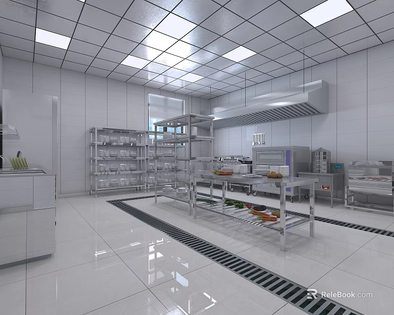 Commercial Catering Kitchen With Stainless Steel Worktables Metal Shelves Range Hood And Bright Lighting 3d model 