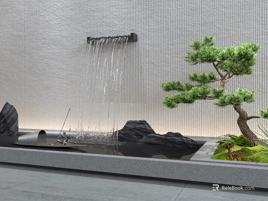 Indoor Landscape with Waterfall Wall Black Stones Pine Tree Green Plants and Gray Stone Floor 3d model 