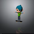 Cartoon Character With Blue Hair Green Shirt And Blue Pants On Skateboard Arms Outstretched