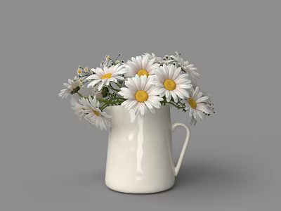 White Pitcher Vase With Fresh Daisies White Petals And Yellow Centers For Home Decor 3d model