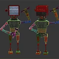 Two Red and Gray Robots with Screen Head and Red Square Head Holding Wrenches