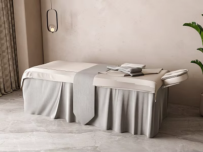 Beige Massage Bed Featuring Gray Towel Pendant Light and Green Plant on Gray Tiles Floor 3d model
