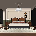 Classic Bedroom Interior With Upholstered Headboard Chandelier Wooden Nightstands And Checkerboard Rug