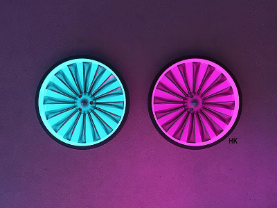 Two Round Turquoise and Pink Illuminated Wall Lamps on Purple Pink Gradient Wall 3d model