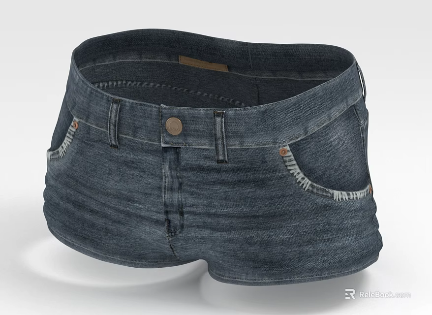Dark Blue Denim Shorts With Front Button Stitched Pockets And Frayed Hem 3d model 