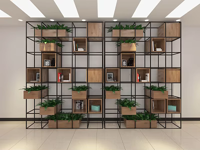 Modern Open Bookcase With Wooden Shelves Metal Frame And Green Plants 3d model