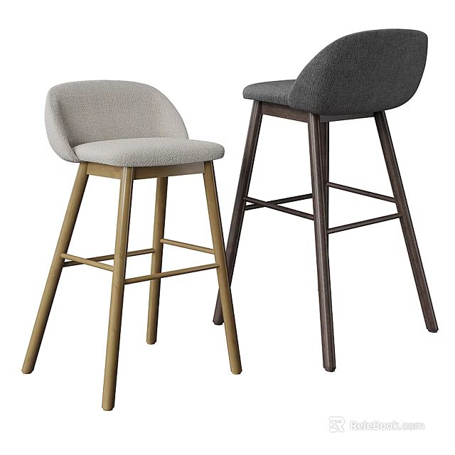 Modern Minimalist Bar Stools with Light and Dark Gray Upholstered Seats and Wooden Legs 3d model 