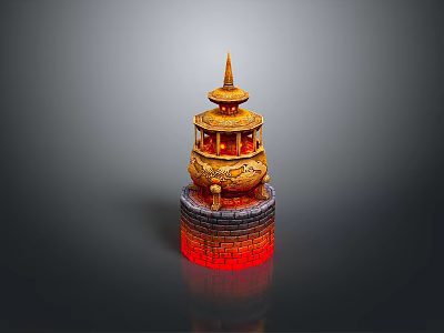 Traditional Multi Tiered Sculpture Carving With Golden Red Color And Brick Base Design 3d model