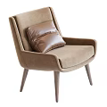 Modern Light Brown Fabric Accent Chair With Brown Leather Cushion And Wooden Legs