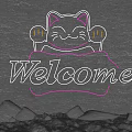 Neon Decorative Light With Lucky Cat Design And Welcome Sign On Black Grid Background