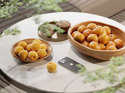 Fresh Apricots in Wooden Bowls on a Marble Table with Green Leaves 3d model