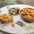 Fresh Apricots in Wooden Bowls on a Marble Table with Green Leaves
