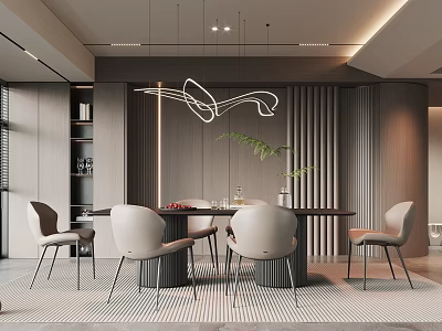 Elegant Modern Restaurant Interior Design With Round Dining Table Beige Chairs And Curved Pendant Light 3d model