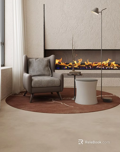 Modern Elegant Living Room Sofa and Round Coffee Table Set with Fireplace and Rug 3d model 